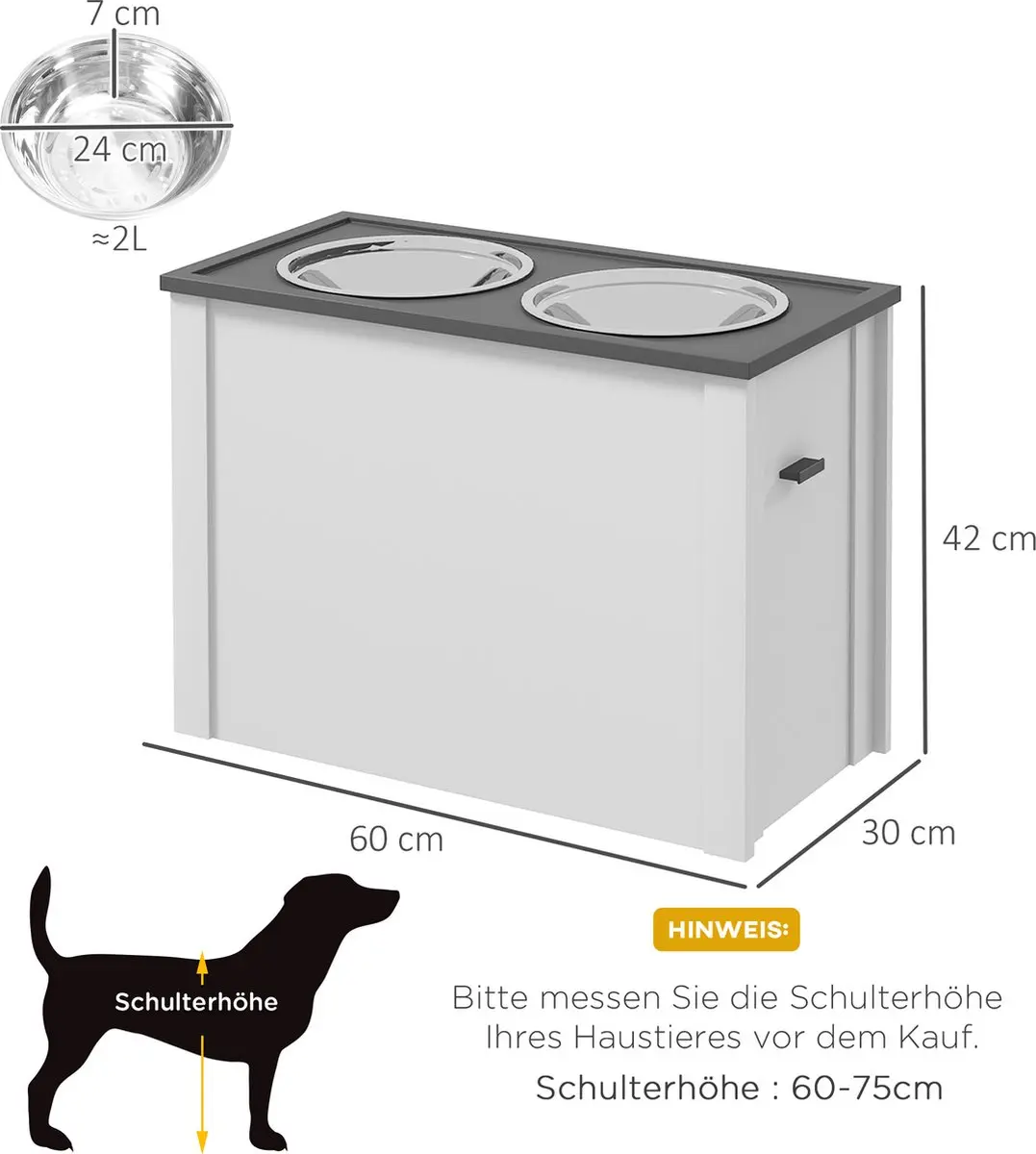 Pawhut Voederstandaard met Roestvrijstalen Kommen 24cm - Wit