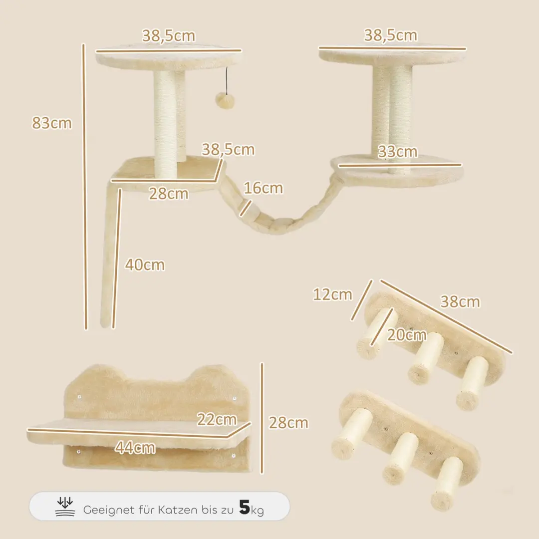 Pawhut Katten Klimwand Set 3-delig - Sisal - Beige
