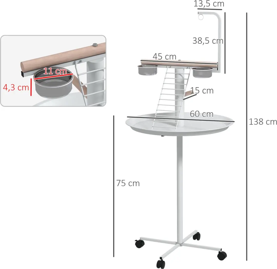 Pawhut Vogelstandaard Staal & Grenenhout Ø60cm x 138cm - Wit