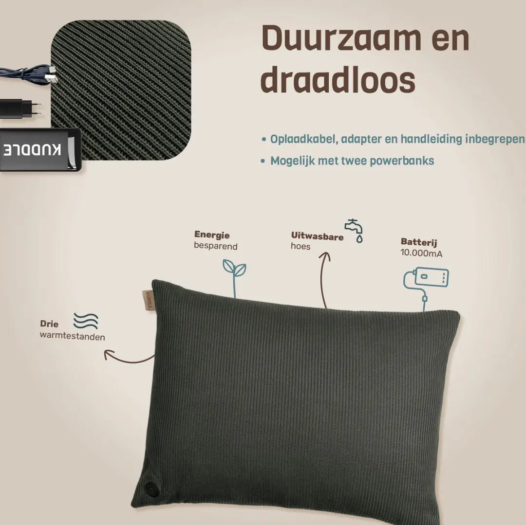 Kuddle Warmtekussen Oplaadbaar 45x60cm - Olive Green - 3 standen