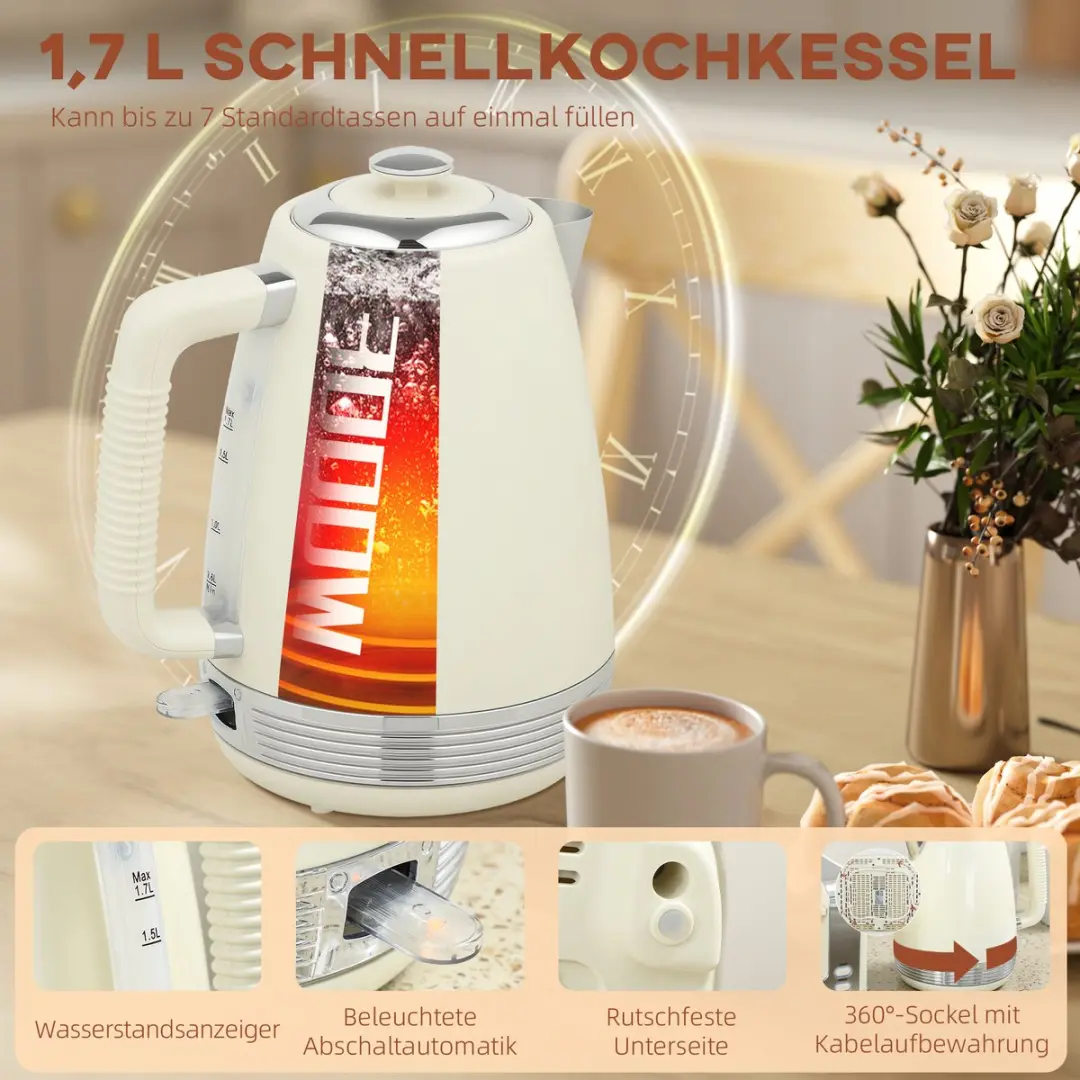 Homcom Waterkoker & Broodrooster Set 2200W - 7 Programma's - Crème