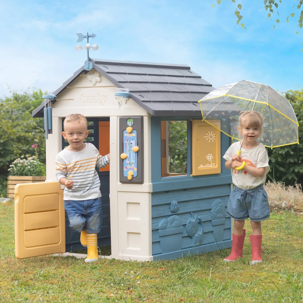 Smoby 4 Seasons Playhouse 7600810731 Speelhuis - Windmeter/Regenmeter - Wit/Blauw/Grijs/Geel