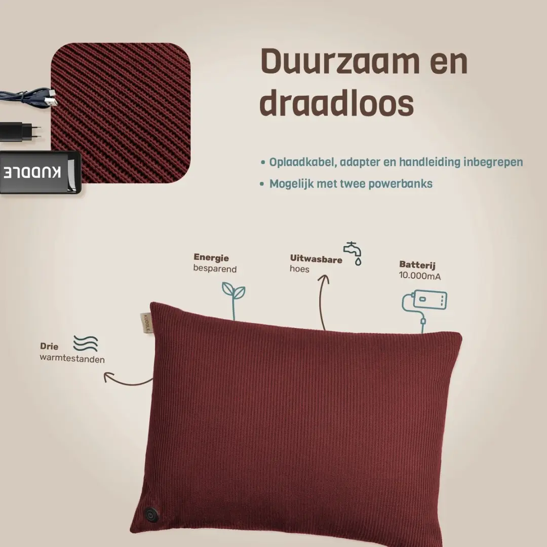 Kuddle Warmtekussen Oplaadbaar Wine Red 45x60cm - 3 standen - Incl. 2 Powerbanks