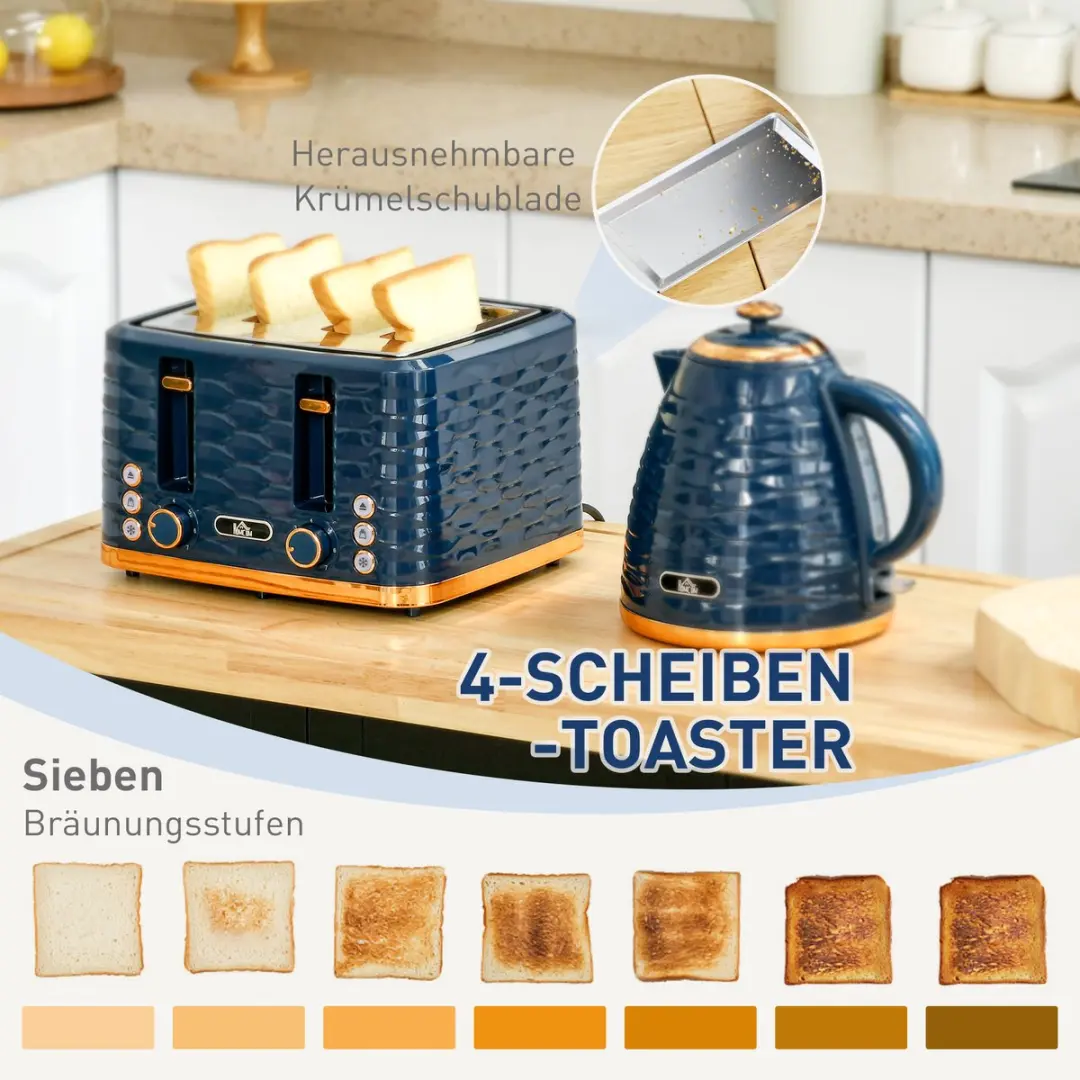 Homcom Waterkoker & Broodrooster Set 2200W - 7 Programma's - Blauw