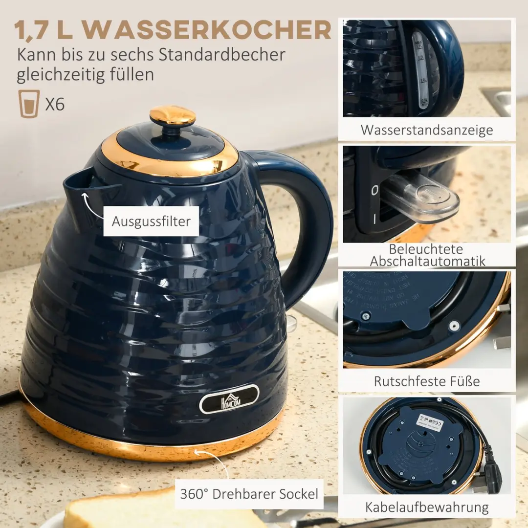Homcom Waterkoker & Broodrooster Set 2200W - 7 Programma's - Blauw - afbeelding 6 van 6