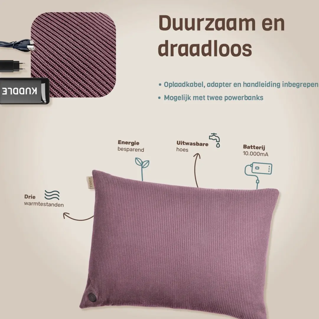 Kuddle Warmtekussen Oplaadbaar Old Pink 45x60cm - Draadloos - 3 standen - Incl. 2 Powerbanks