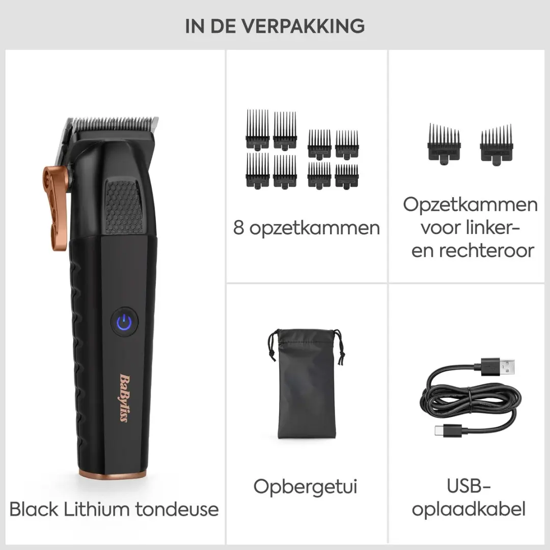 BaByliss Black Lithium Tondeuse E814E - 10 Opzetkammen - 3 Uur