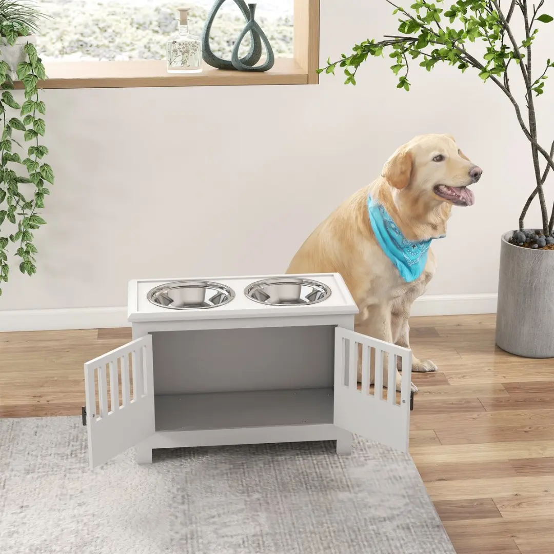 Pawhut Hondenvoerbak Verhoogd 24cm - 2L Edelstalen Bak - Wit