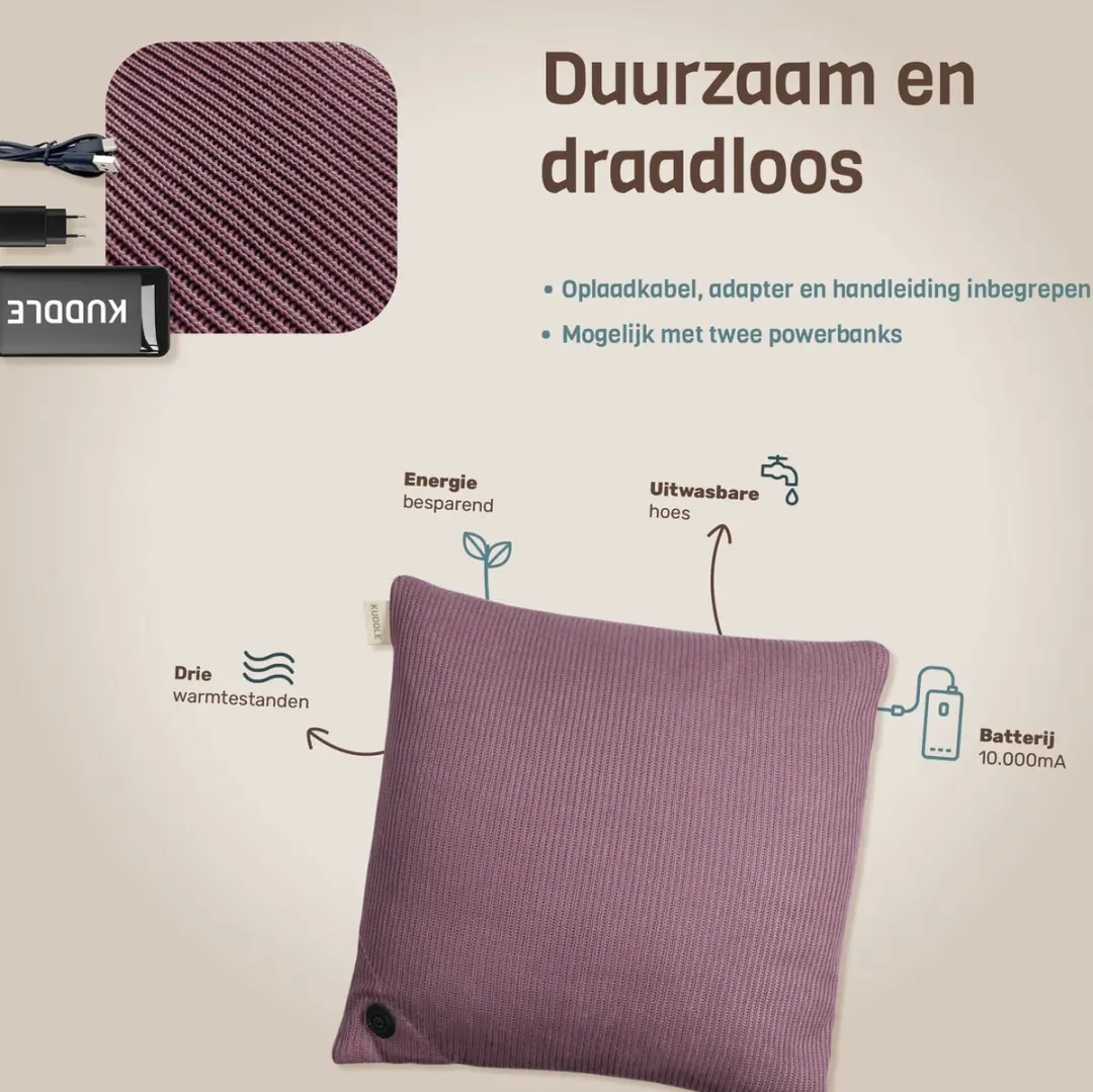 Kuddle Warmtekussen Oplaadbaar Old Pink 45x45cm - Draadloos & Elektrisch - 3 standen