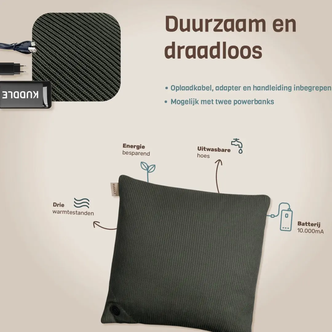 Kuddle Warmtekussen Oplaadbaar 45x45cm - Olive Green - 3 standen