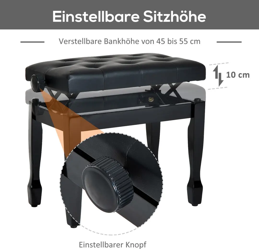 Homcom Klavierhocker Massiefhout Kunstleder - 64x35x55cm Zwart