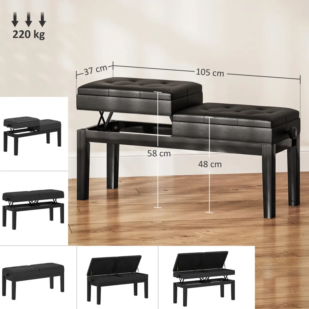 Homcom Klavierbank Gummihout Kunstleder - 105x37x48-58cm Zwart