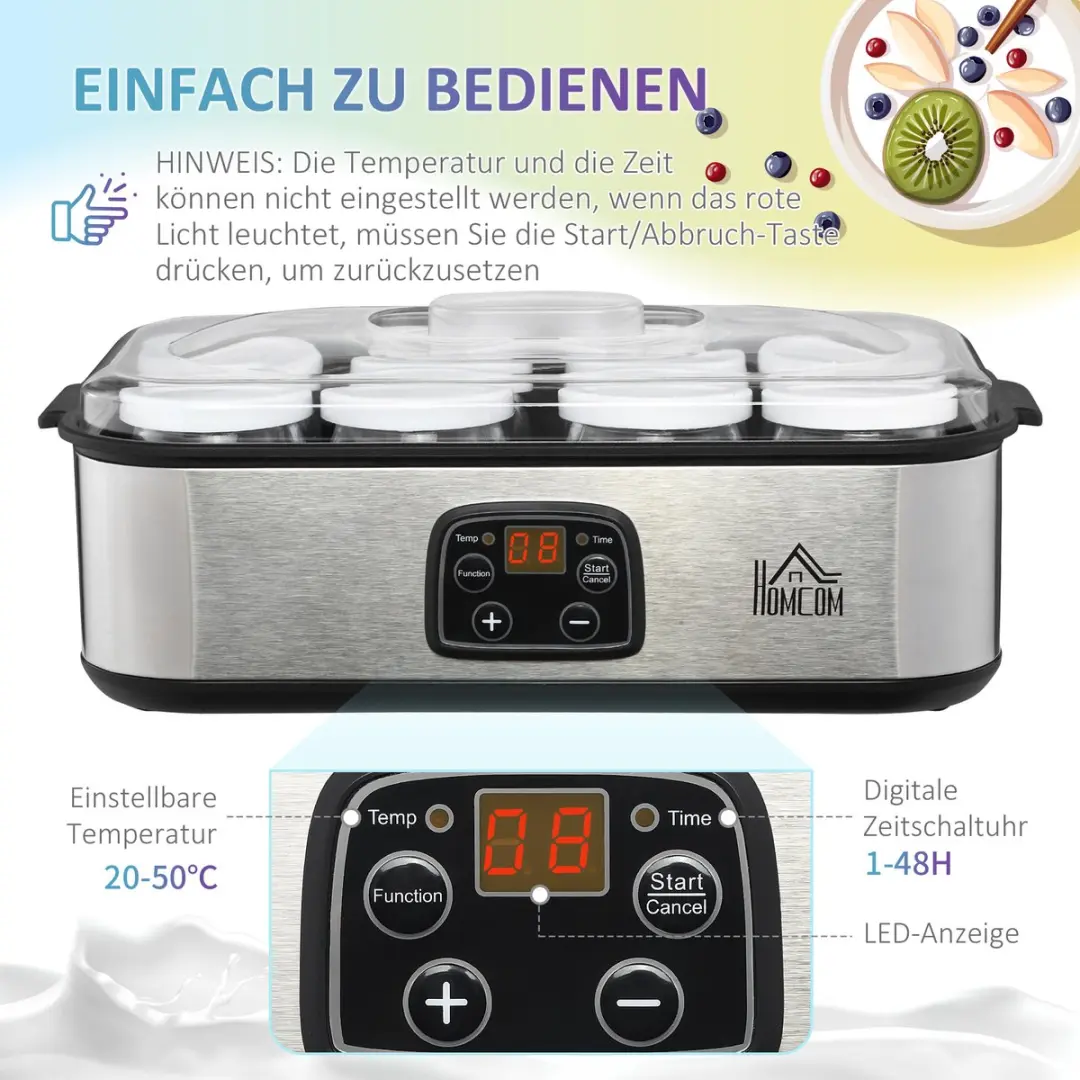 Homcom Yoghurtmaker 800-089V90 - 8 Glazen - 25W - Zilver - afbeelding 6 van 6