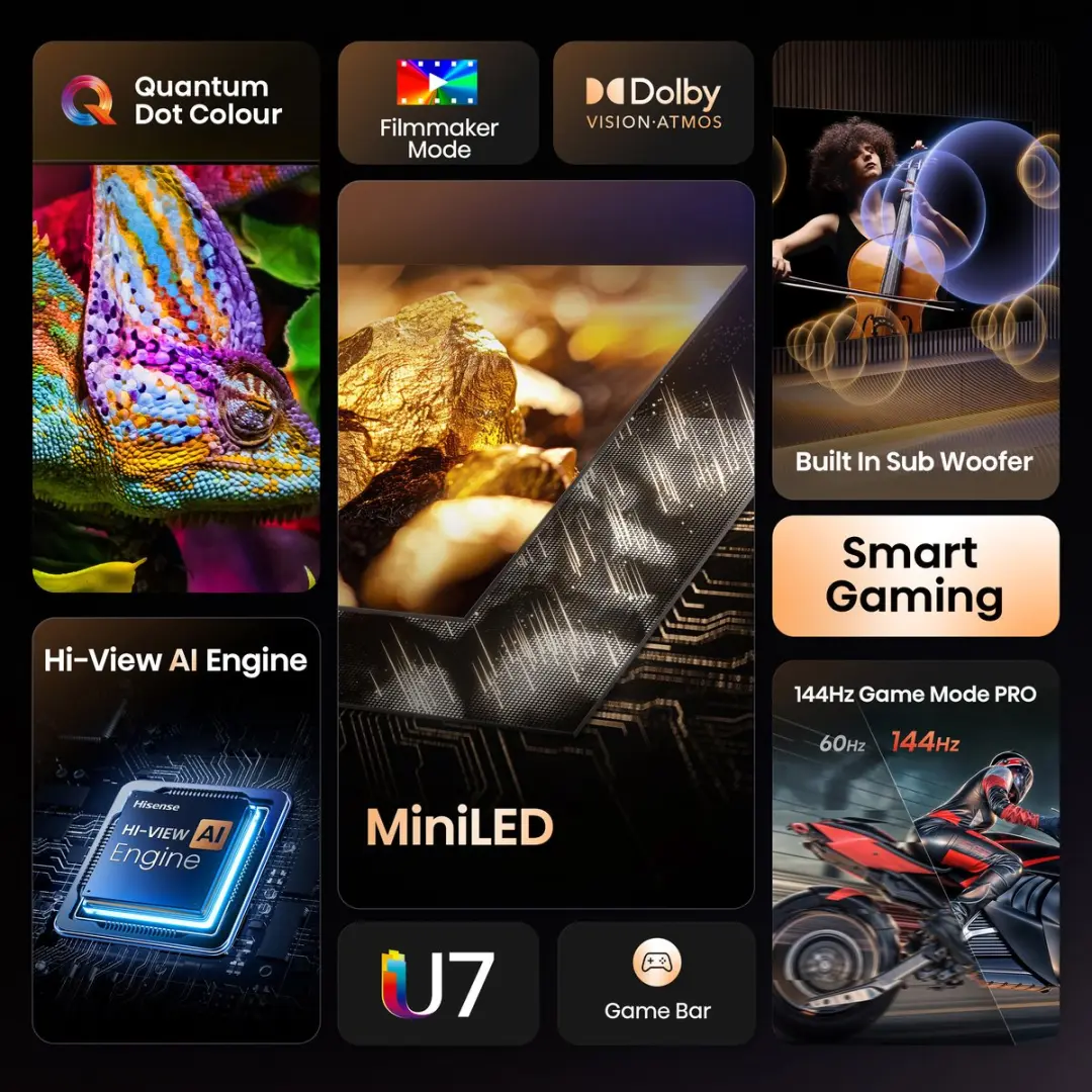 Hisense 55U7QTUK 55 inch QLED Smart TV - Dolby Vision - Zwart