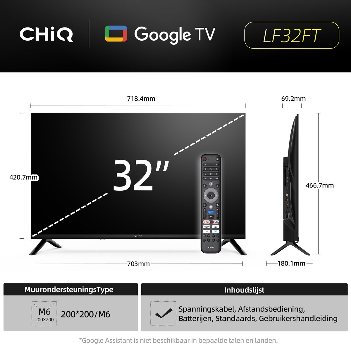 CHiQ LF32FT - Smart TV 32 Inch - Full HD - Metalen Randloos - Google TV - Dolby Audio - HDMI - 2025 Nieuw