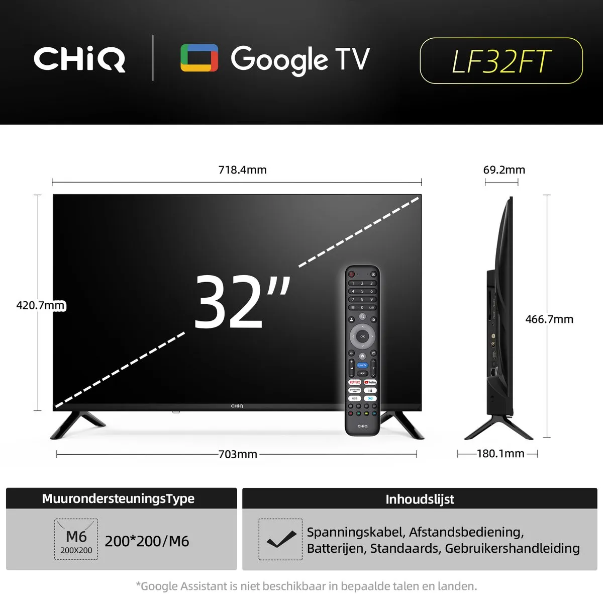 CHiQ LF32FT - Smart TV 32 Inch - Full HD - Metalen Randloos - Google TV - Dolby Audio - HDMI - 2025 Nieuw