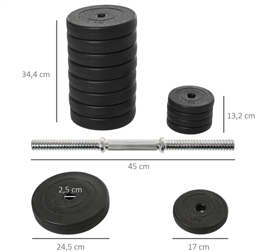 Homcom Kurzhantel-Set 24,5cm - 2x5kg/2x2,5kg/2x1,5kg - Zwart - afbeelding 6 van 6