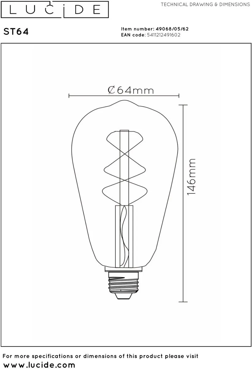 Lucide ST64 LED E27 5W 2700K - Amber - afbeelding 6 van 6