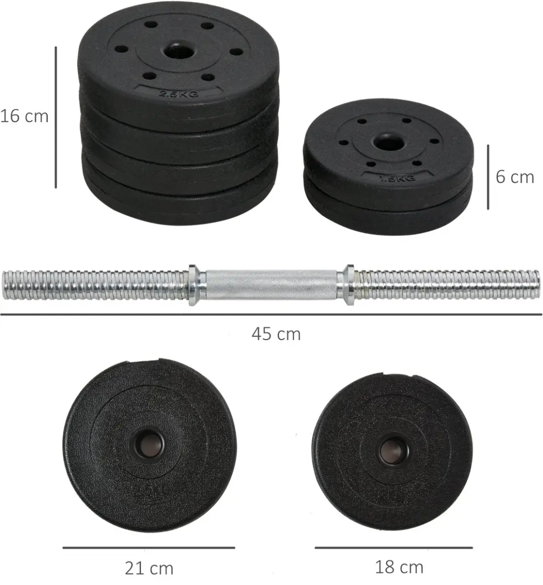 Homcom Dumbbellset 20 Stuks - 2,5 kg/1,5 kg/2 kg - Zwart