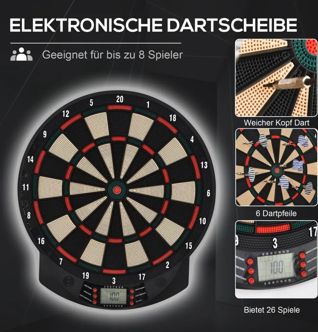 Homcom Elektronische Dartbord 39,5cm - 6 Pijlen + 30 Tips - Zwart
