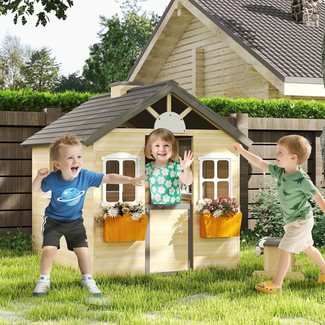 Outsunny Speelhuis Tannenhout - 113x94x134,5cm - Natur/Grijs/Wit