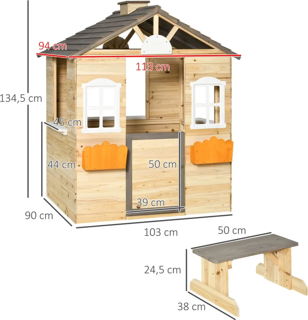 Outsunny Speelhuis Tannenhout - 113x94x134,5cm - Natur/Grijs/Wit