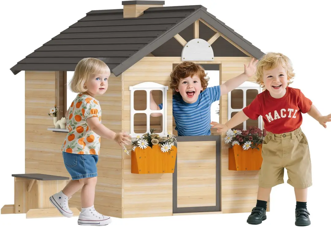 Outsunny Speelhuis Tannenhout - 113x94x134,5cm - Natur/Grijs/Wit
