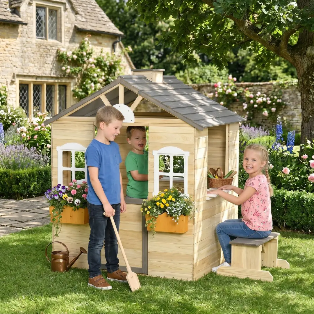 Outsunny Speelhuis Tannenhout - 113x94x134,5cm - Natur/Grijs/Wit