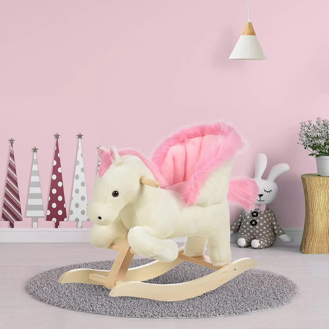 Homcom Hobbelpaard 330-114 - Dierengeluiden - Wit/Roze
