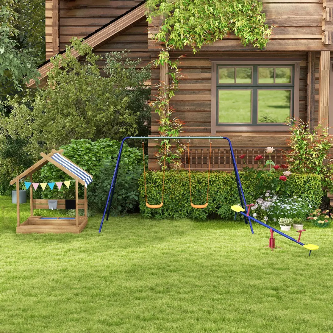 Outsunny Schommel 2 Stoelen - 3-8 jaar - Blauw/ Groen/ Oranje