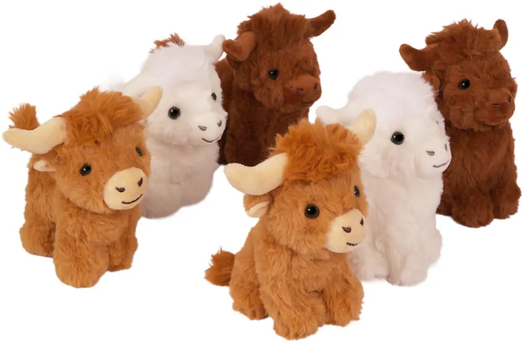 PIA Soft Toys Schotse Hooglander Knuffel - 6 Stuks 14cm - Bruin/Wit