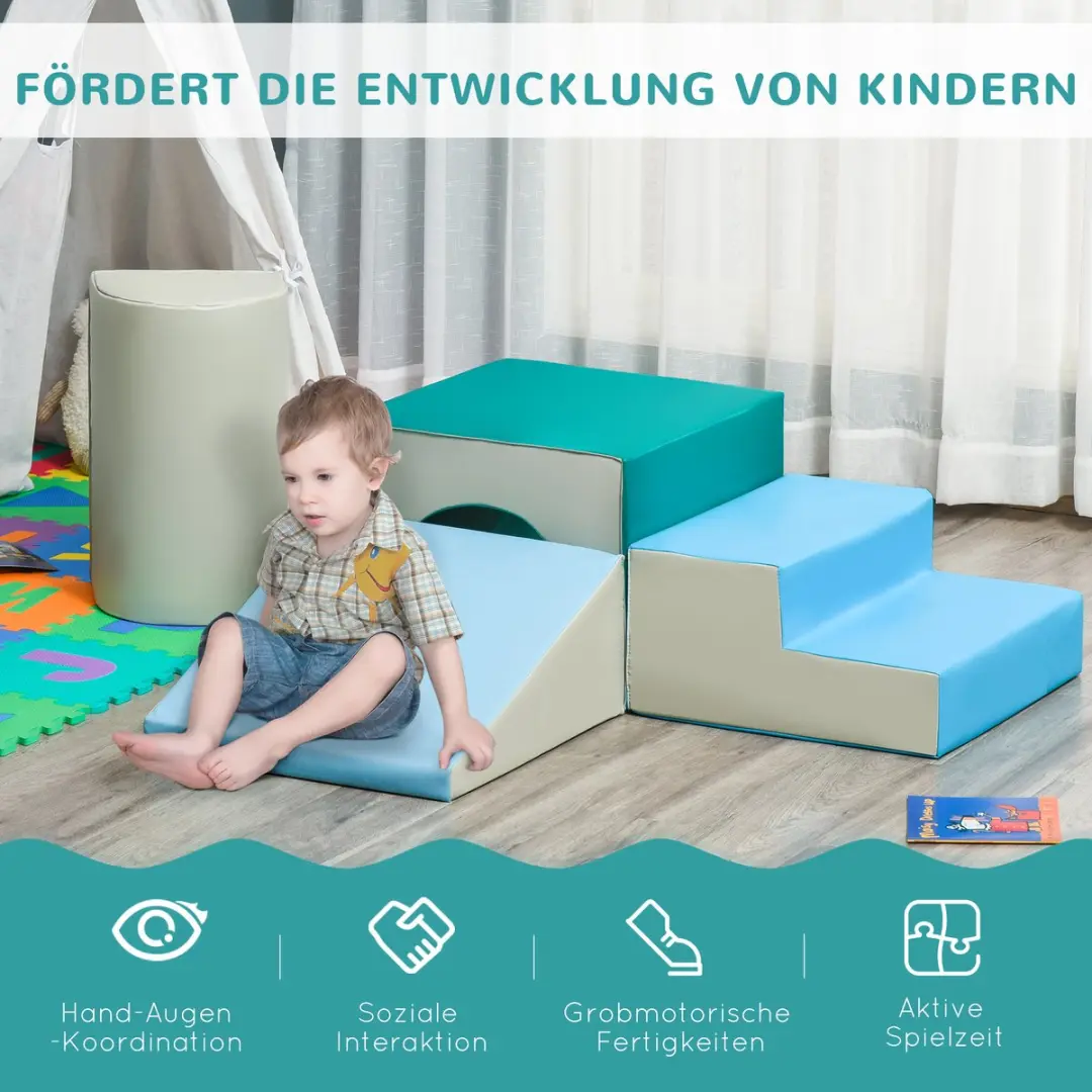Homcom Softplay-set 150x50x39cm - 4-delig - Lichtgrijs/Blauw/Groen