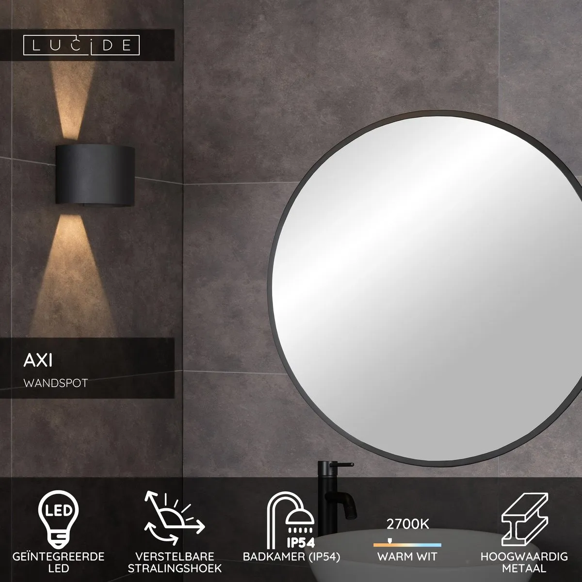 Lucide AXI Wandspot Badkamer - 2x3,5W 2700K - IP54 - Zwart