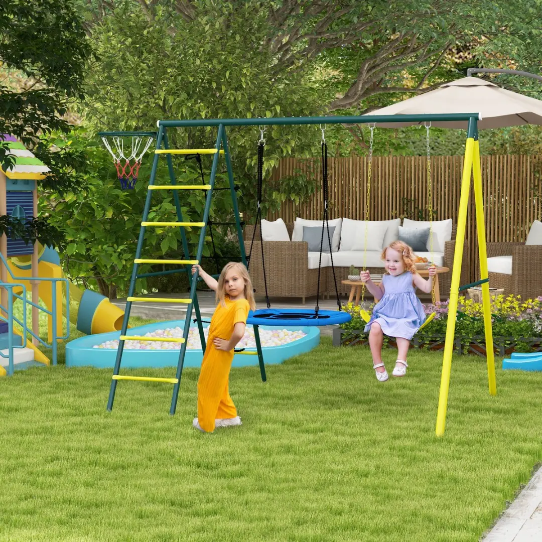 Outsunny Schommel 2 Stoelen Ladder Basketbalhoepel - Geel/Blauw/ Groen