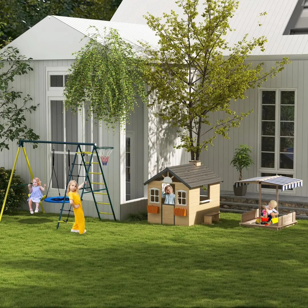 Outsunny Schommel 2 Stoelen Ladder Basketbalhoepel - Geel/Blauw/ Groen