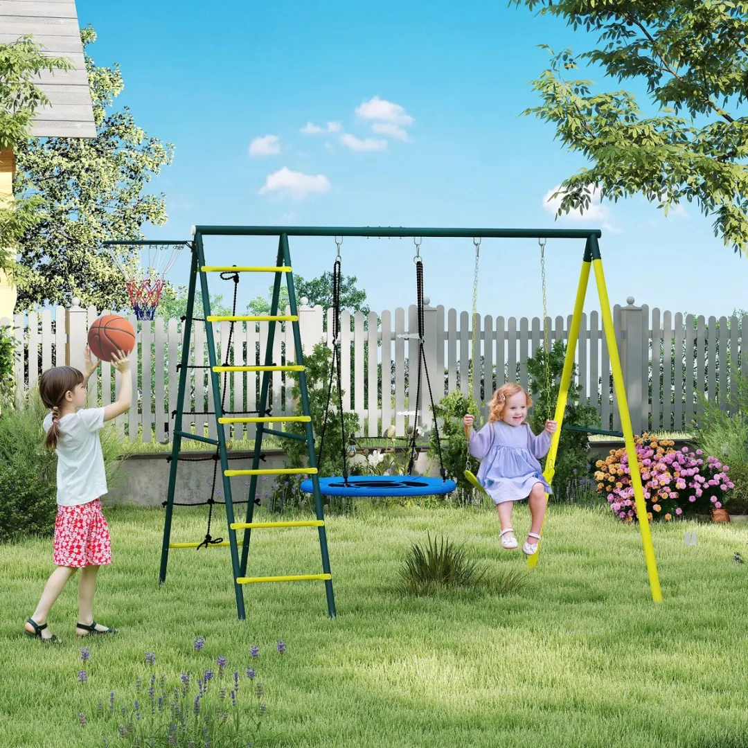 Outsunny Schommel 2 Stoelen Ladder Basketbalhoepel - Geel/Blauw/ Groen