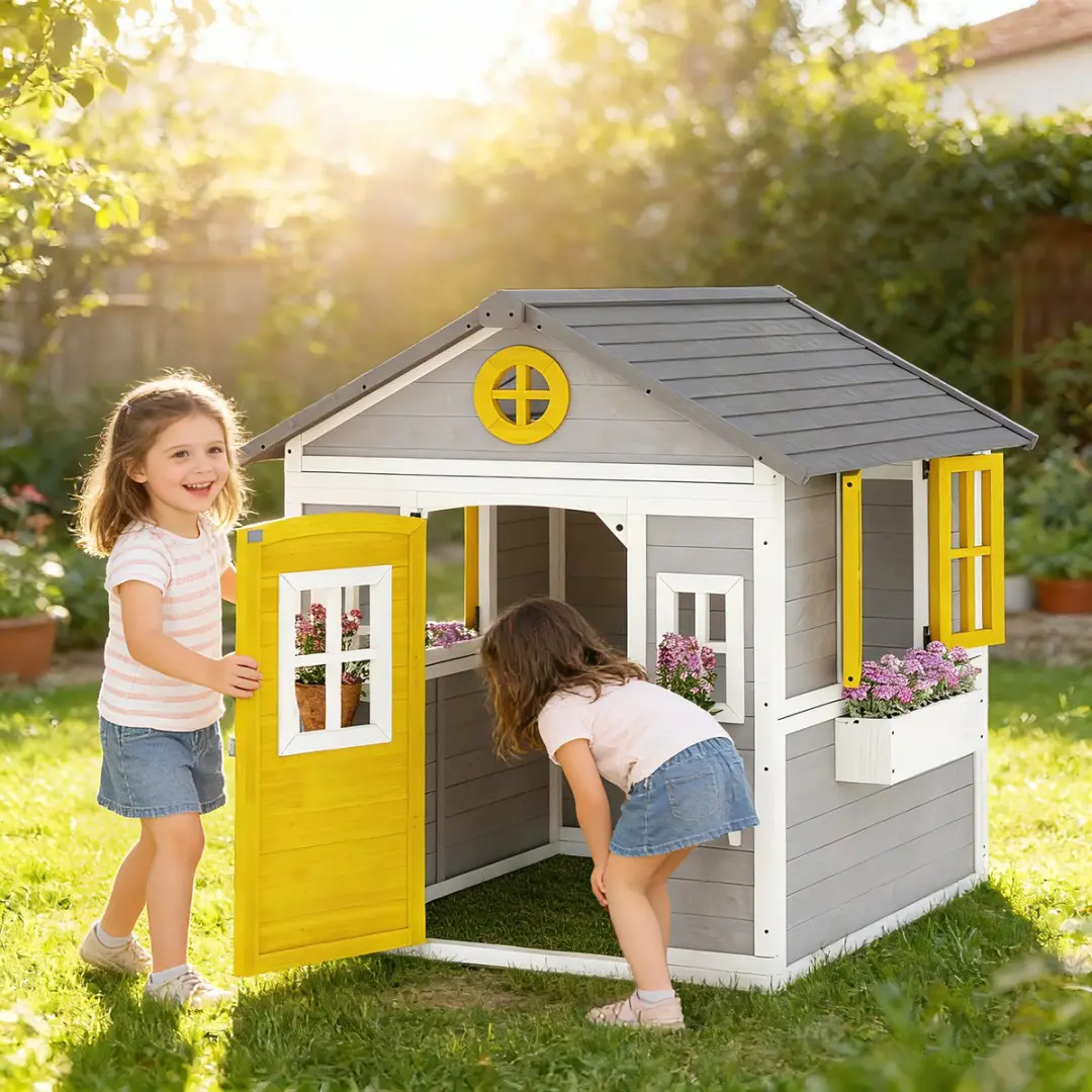 Outsunny Kinderspeelhuisje Dennenhout 112x126x135cm Grijs