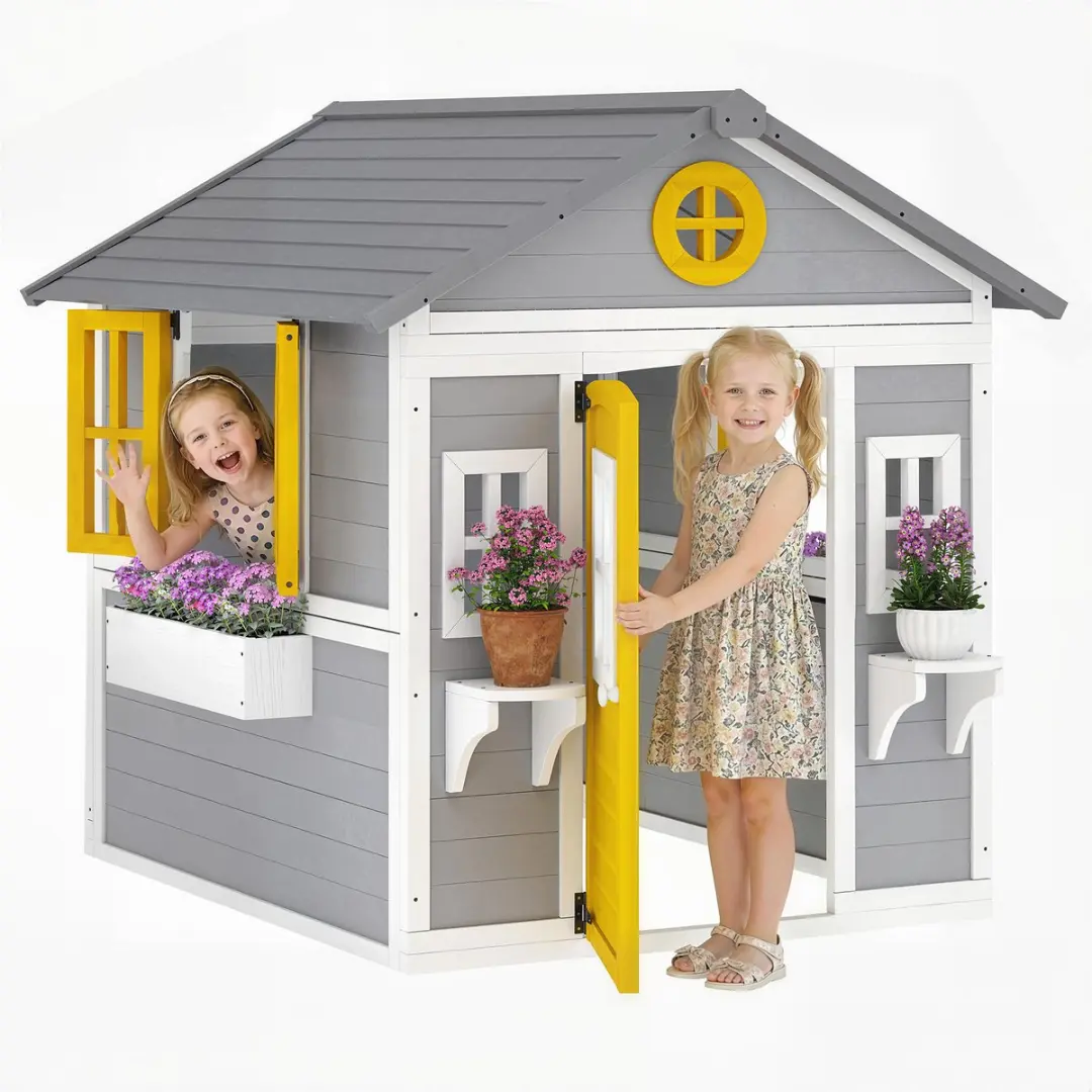 Outsunny Kinderspeelhuisje Dennenhout 112x126x135cm Grijs