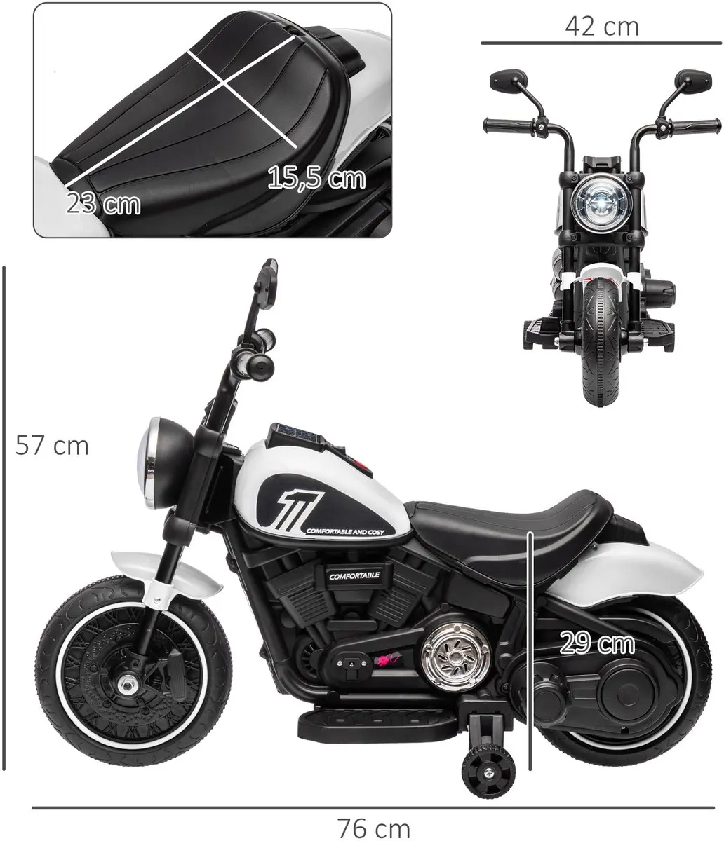 Homcom Elektrische Motorfiets 370-283V90WT - 76x42x57cm - Wit/Zwart