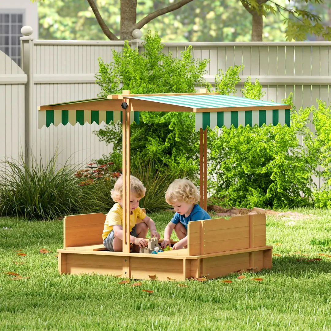 Outsunny Zandbak Dennenhout 106x106x115cm - Lichtbruin/Groen/Wit