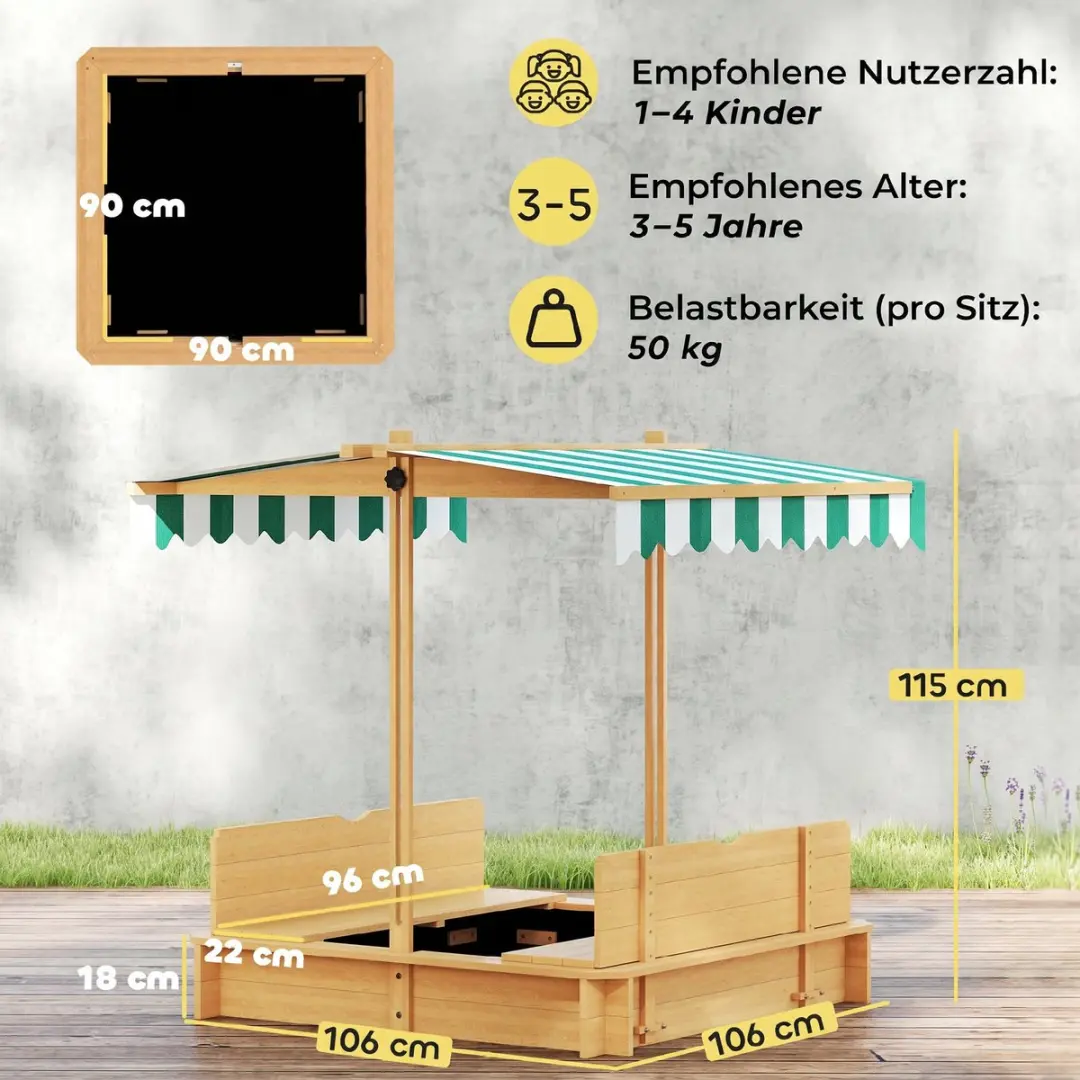 Outsunny Zandbak Dennenhout 106x106x115cm - Lichtbruin/Groen/Wit - afbeelding 6 van 6