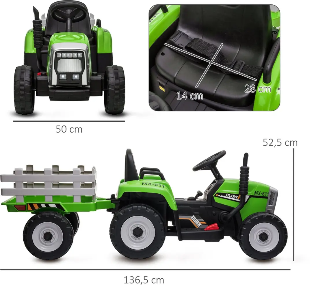 Homcom Elektrische Rijauto 136,5x50x52,5cm Groen - 370-281V90GN