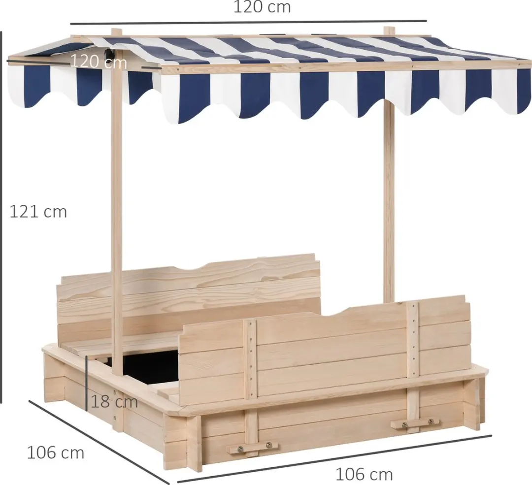 Outsunny Sandkast Tannenhout - 106x106x115cm - Natuur Blauw Wit