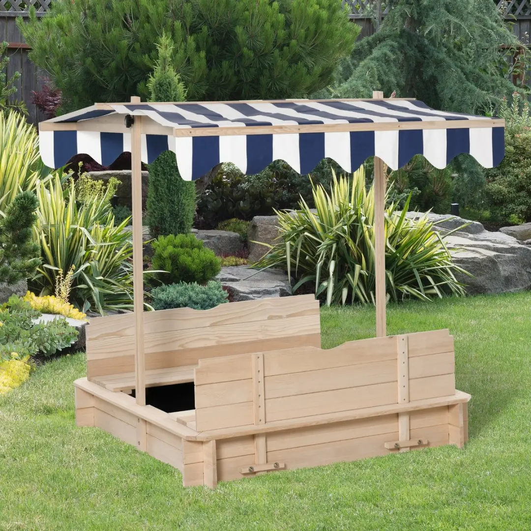 Outsunny Sandkast Tannenhout - 106x106x115cm - Natuur Blauw Wit