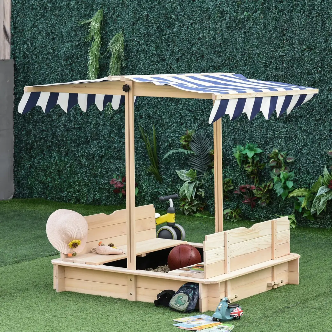 Outsunny Sandkast Tannenhout - 106x106x115cm - Natuur Blauw Wit