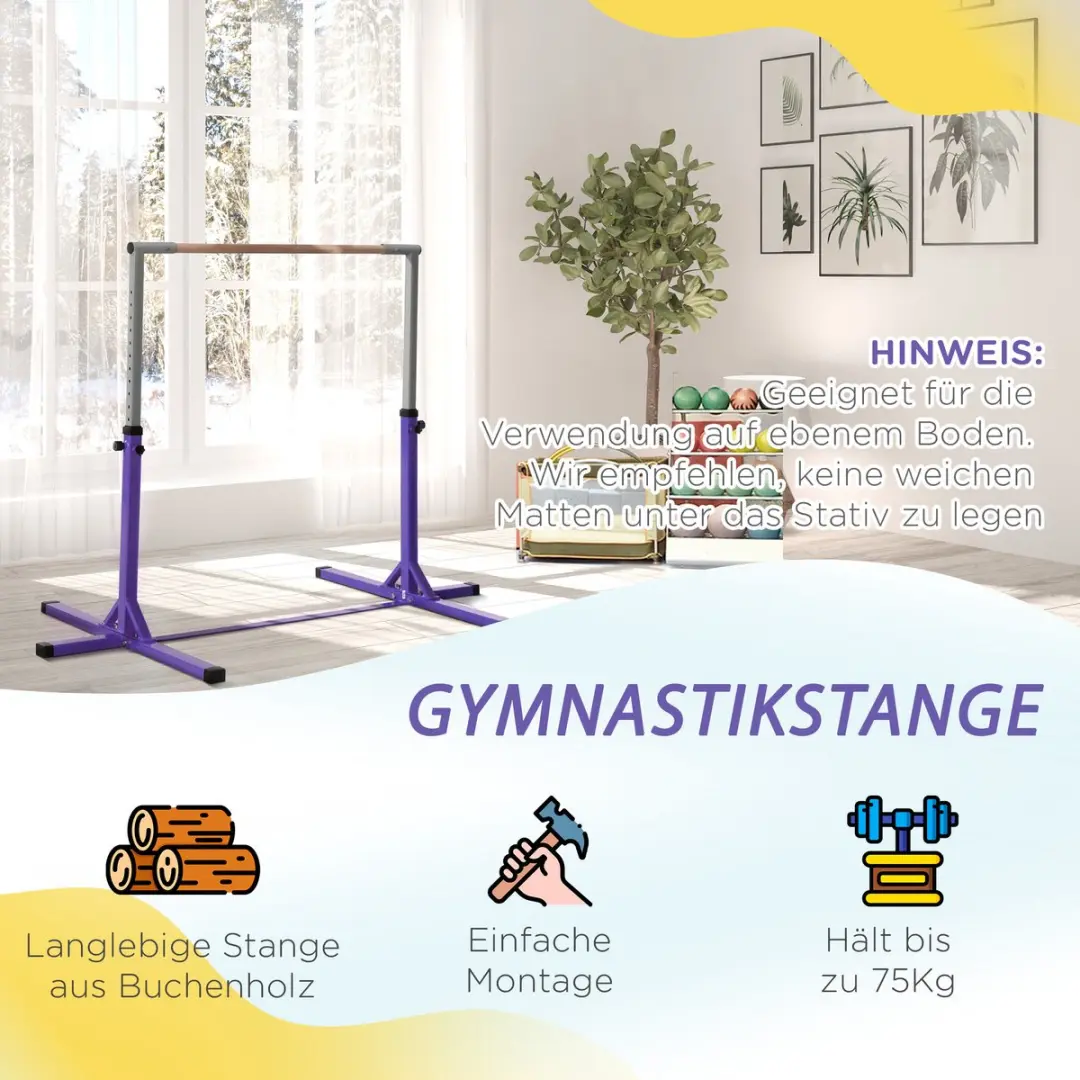 Homcom Gymnastiekrek Beukenhout 194x121cm 92-150cm Paars - afbeelding 6 van 6
