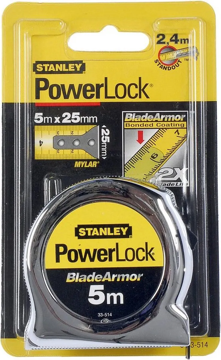Stanley Rolbandmaat Powerlock Blade Armor 5m - 25mm - Geel