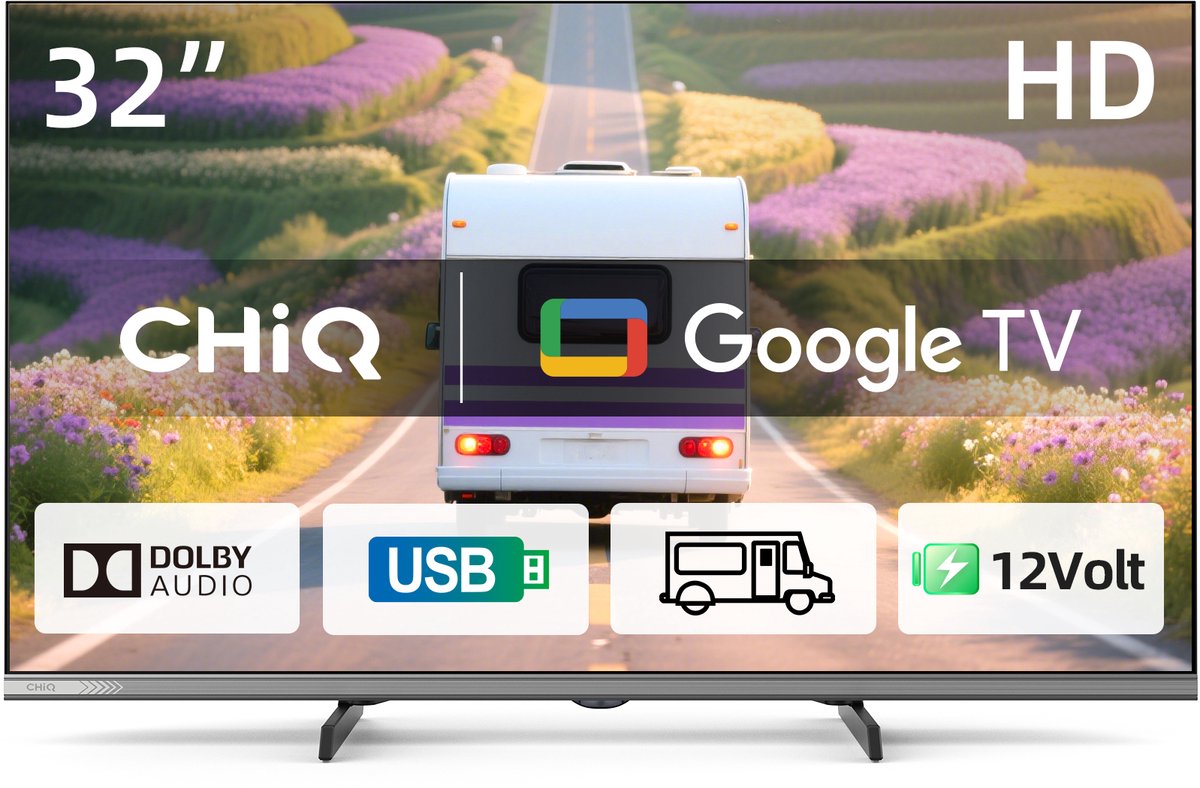 CHiQ L32M9PD - Partable TV 32 Inch - Draadloze 12 Volt TV - USB-C power - Ideaal voor caravans, campers - Metalen Randloos - Inclusief powerbank - 2025 Nieuw