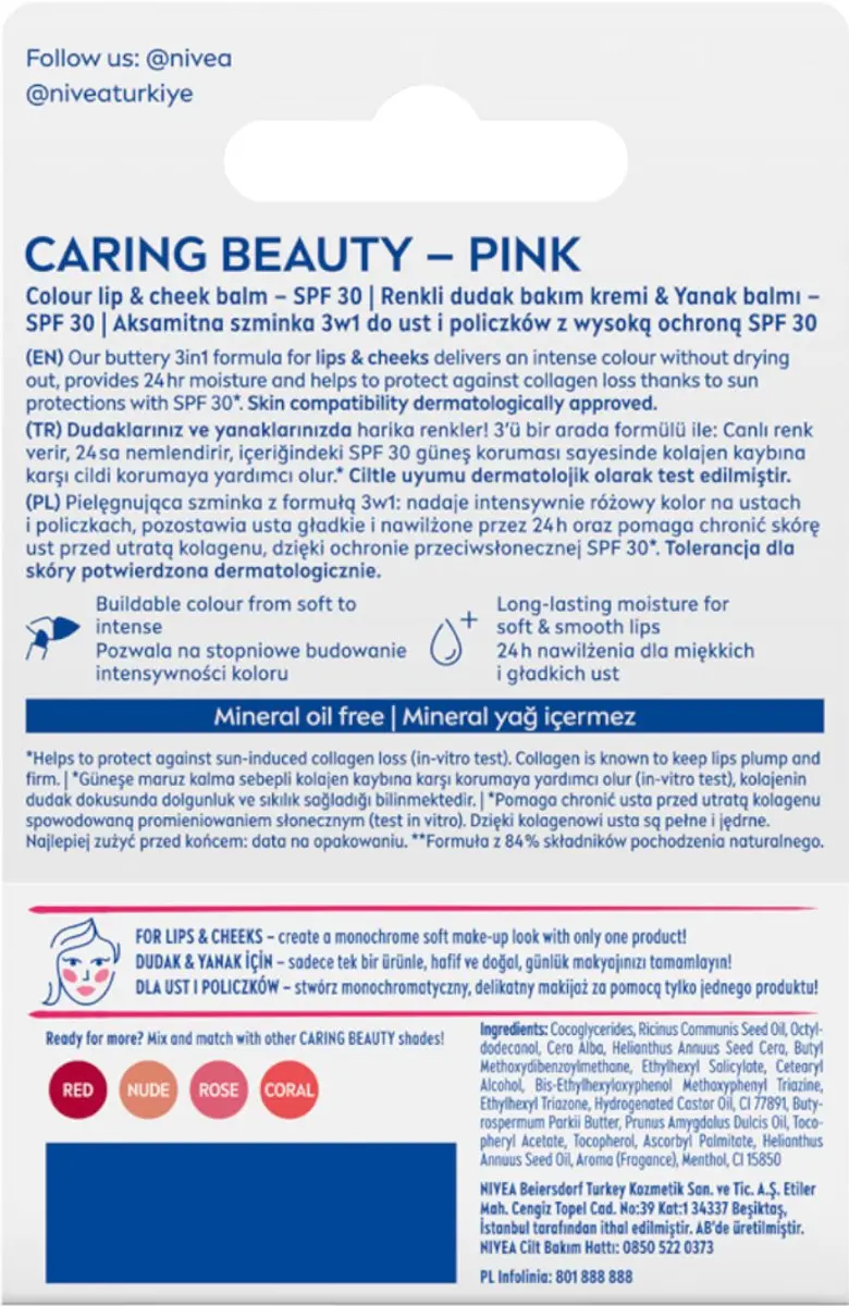 NIVEA Caring Beauty 3W1 Lipbalsem - 4,8 g - Roze