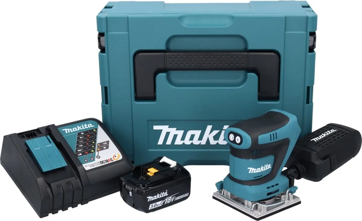 Makita DBO 482 RF1J Vlakschuurmachine 18V - 1x 3.0Ah Accu + Lader